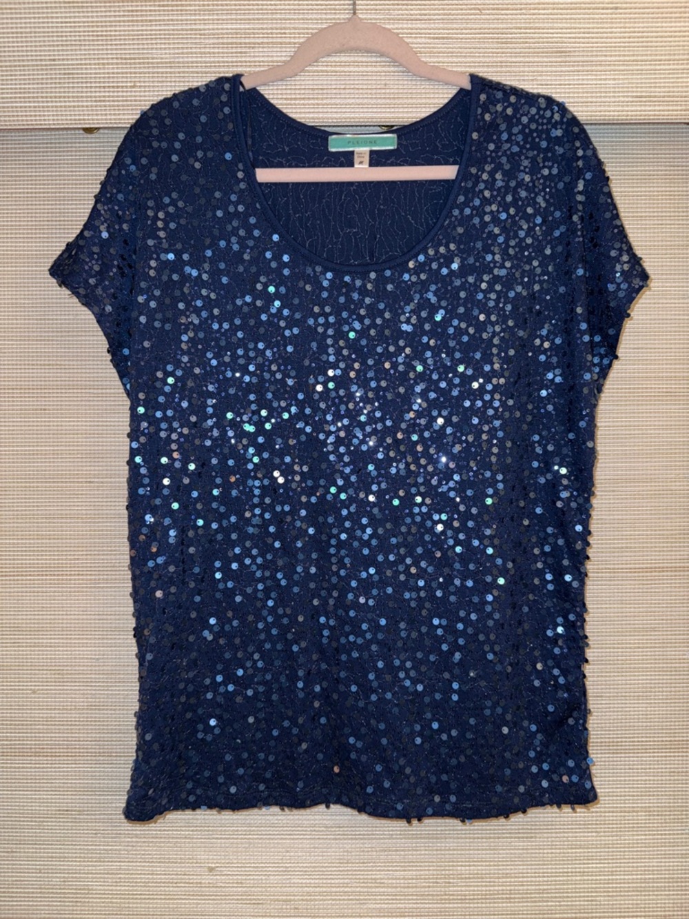 Pleione Navy Sequin Short Sleeve Scoop Neck - Size M